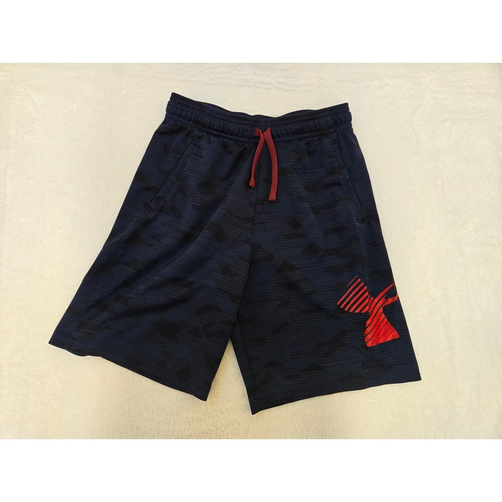 Under Armour Boys Athletic Shorts Youth Medium Black Red Drawstring Gym